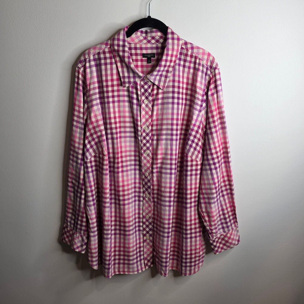 Talbots Button Down Shirt Women 2X Pink Purple Gingham Plaid Cotton Long Sleeve